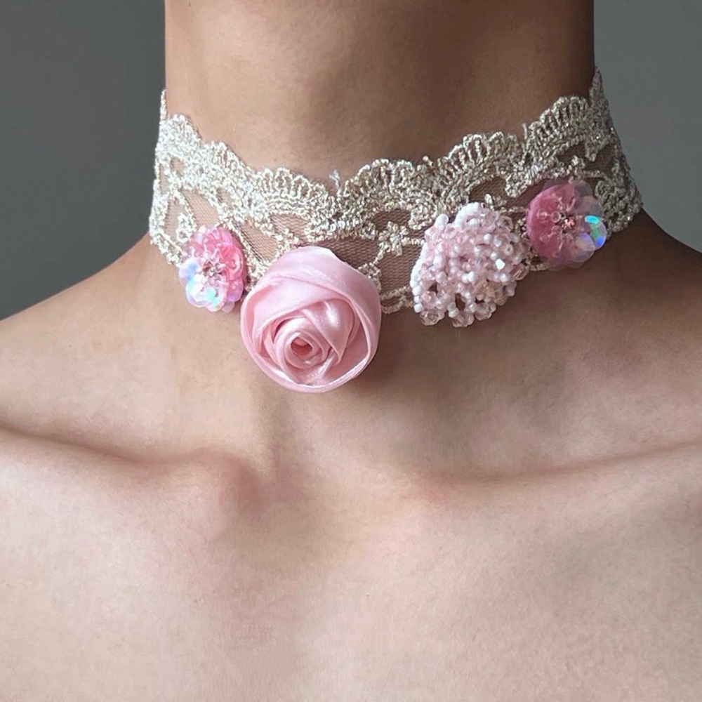 Softgirl Pink Lace Rose Flower Beaded Choker Necklace